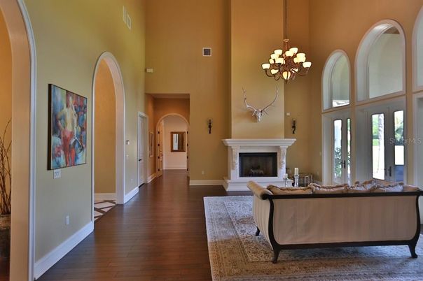 Chandelier, Fireplace, Interior, Living room, Wood Texture Flooring