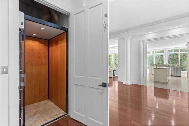 Elevator, Interior, Recessed Lighting, Wood Texture Flooring, Wooden Walls