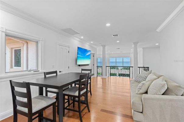 Dining room, Interior, Living room, Recessed Lighting, Wood Texture Flooring