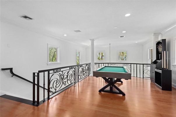 Billiard Table, Game Room, Interior, Recessed Lighting, Wood Texture Flooring