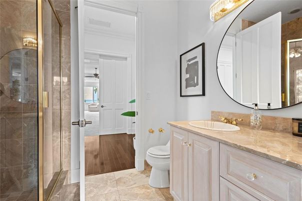 Bathroom, Glass Shower, Interior, Wood Texture Flooring