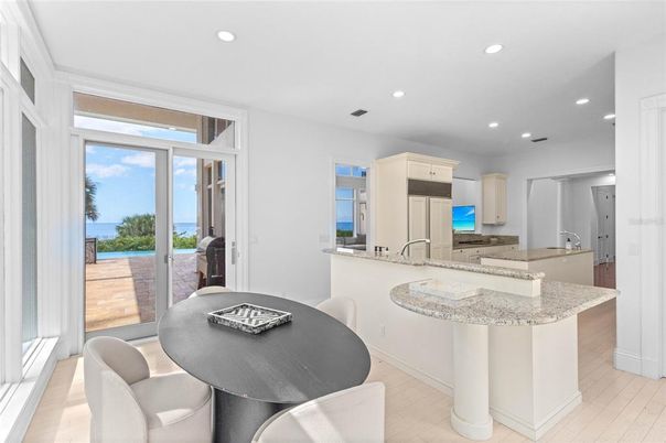 Dining room, Interior, Kitchen, Recessed Lighting, Water, Wood Texture Flooring