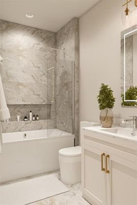 Bathroom, Glass Shower, Interior, Marble, Marble Walls, Recessed Lighting