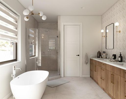 Bathroom, Dual Sink Vanities, Free Standing Baths, Glass Shower, Interior, Marble, Pendant Lights