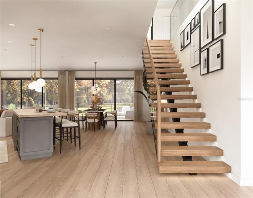 Dining room, Interior, Pendant Lights, Recessed Lighting, Wood Texture Flooring