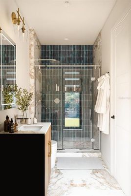 Bathroom, Glass Shower, Interior, Marble, Recessed Lighting