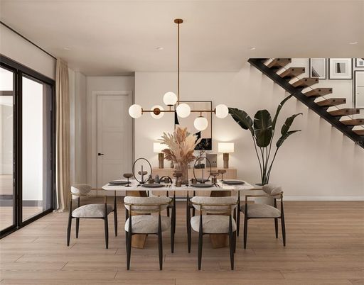 Dining room, Interior, Pendant Lights, Recessed Lighting, Wood Texture Flooring