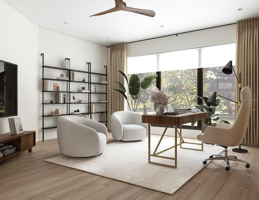 Home Office, Interior, Recessed Lighting, Wood Texture Flooring