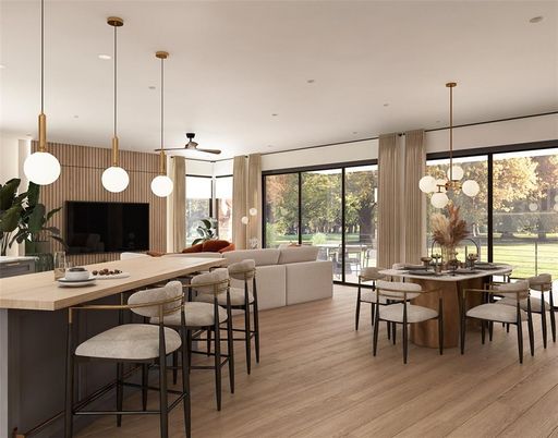 Dining room, Interior, Living room, Pendant Lights, Recessed Lighting, Wood Texture Flooring