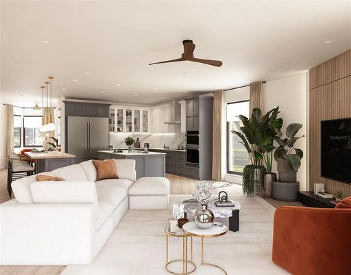 Dining room, Interior, Kitchen, Living room, Pendant Lights, Recessed Lighting, Stainless Steel Appliances, Wood Texture Flooring