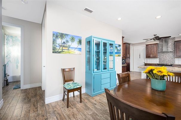 Dining room, Interior, Kitchen, Recessed Lighting, Wood Texture Flooring