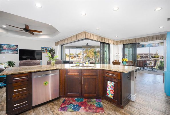 Dining room, Interior, Kitchen, Recessed Lighting, Stainless Steel Appliances, Wood Texture Flooring