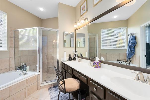 Bathroom, Dual Sink Vanities, Glass Shower, Interior, Recessed Lighting