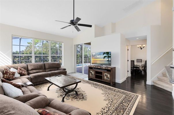 Dining room, Interior, Living room, Recessed Lighting, Wood Texture Flooring