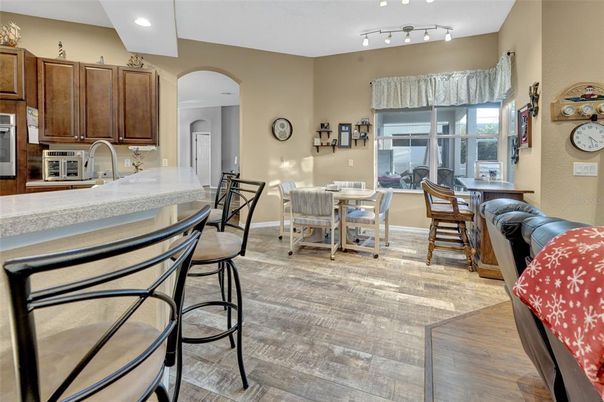 Dining room, Interior, Kitchen, Recessed Lighting, Wood Texture Flooring