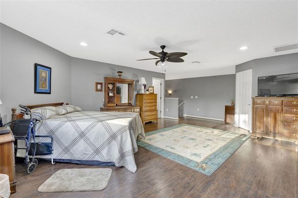 Bedroom, Interior, Recessed Lighting, Wood Texture Flooring