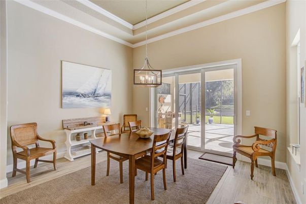 Dining room, Interior, Pendant Lights, Wood Texture Flooring