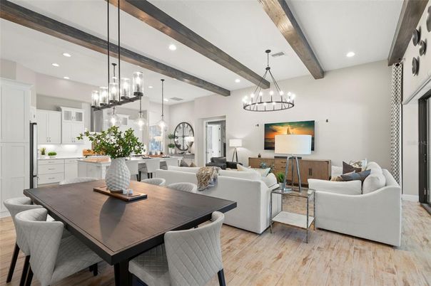 Chandelier, Dining room, Interior, Kitchen, Living room, Pendant Lights, Recessed Lighting, Wooden Beams, Wood Texture Flooring