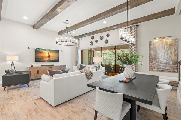 Chandelier, Dining room, Interior, Living room, Pendant Lights, Recessed Lighting, Wooden Beams, Wood Texture Flooring