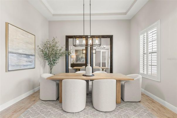 Dining room, Interior, Pendant Lights, Wood Texture Flooring