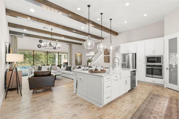 Chandelier, Interior, Kitchen, Living room, Pendant Lights, Recessed Lighting, Stainless Steel Appliances, Wooden Beams, Wood Texture Flooring