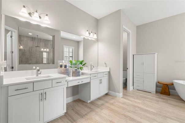 Bathroom, Dual Sink Vanities, Free Standing Baths, Interior, Wood Texture Flooring
