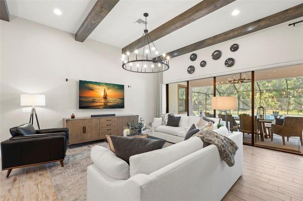 Interior, Living room, Pendant Lights, Recessed Lighting, Wooden Beams, Wood Texture Flooring