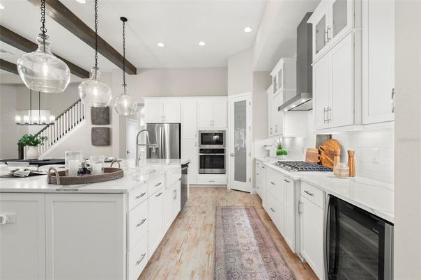 Interior, Kitchen, Pendant Lights, Recessed Lighting, Stainless Steel Appliances, Wood Texture Flooring
