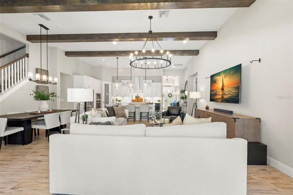 Chandelier, Dining room, Interior, Kitchen, Living room, Pendant Lights, Recessed Lighting, Stainless Steel Appliances, Wooden Beams