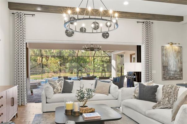 Chandelier, Interior, Living room, Pendant Lights, Recessed Lighting, Wooden Beams, Wood Texture Flooring