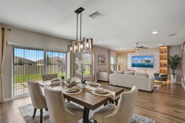 Dining room, Interior, Living room, Pendant Lights, Recessed Lighting, Wood Texture Flooring