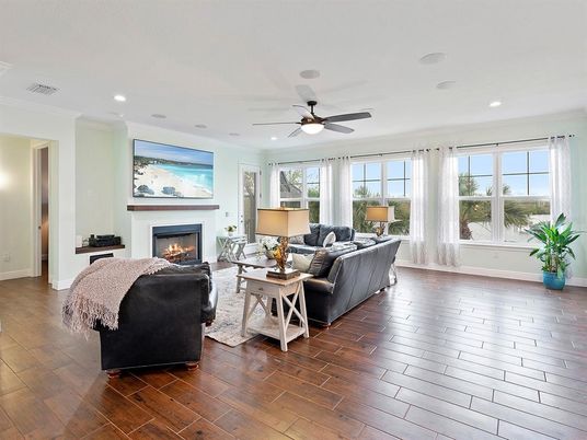 Fireplace, Interior, Living room, Recessed Lighting, Wood Texture Flooring