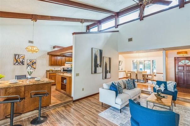 Dining room, Interior, Kitchen, Living room, Pendant Lights, Wood Texture Flooring