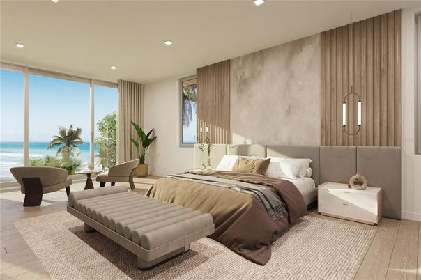Bedroom, Interior, Recessed Lighting, Water, Wood Texture Flooring