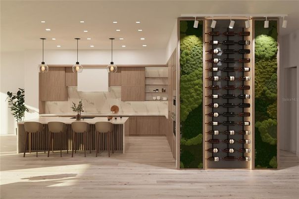Interior, Kitchen, Marble Walls, Pendant Lights, Recessed Lighting, Wine Storage, Wood Texture Flooring