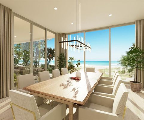 Dining room, Interior, Pendant Lights, Recessed Lighting, Water, Wood Texture Flooring
