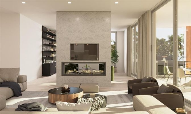 Fireplace, Interior, Living room, Recessed Lighting, Wood Texture Flooring