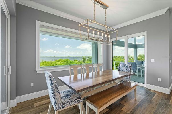 Dining room, Interior, Pendant Lights, Water, Wood Texture Flooring