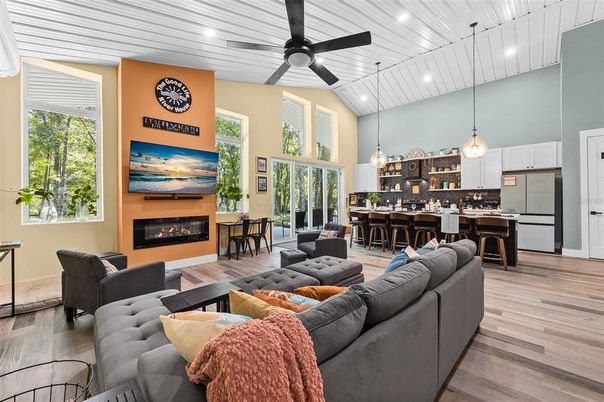 Dining room, Fireplace, Interior, Kitchen, Living room, Pendant Lights, Recessed Lighting, Wood Texture Flooring