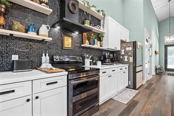 Interior, Kitchen, Pendant Lights, Stainless Steel Appliances, Wood Texture Flooring