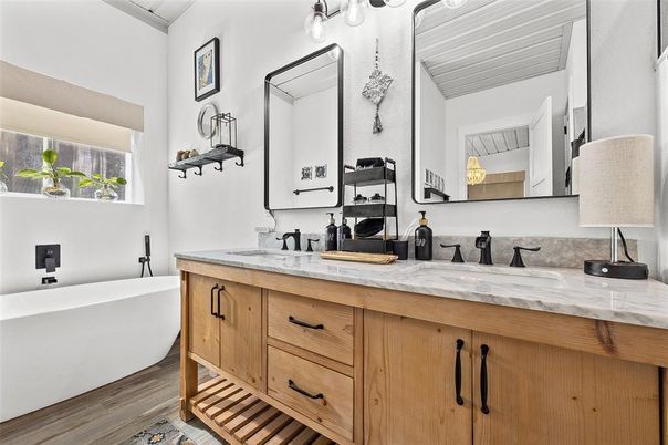 Bathroom, Dual Sink Vanities, Free Standing Baths, Interior, Wood Texture Flooring