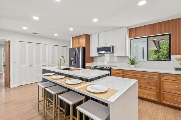 Interior, Kitchen, Recessed Lighting, Stainless Steel Appliances, Wood Texture Flooring