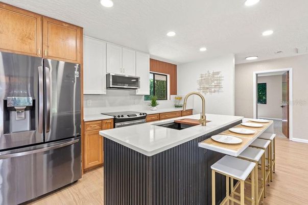 Interior, Kitchen, Recessed Lighting, Stainless Steel Appliances, Wood Texture Flooring