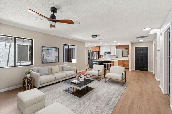 Interior, Kitchen, Living room, Recessed Lighting, Stainless Steel Appliances, Wood Texture Flooring