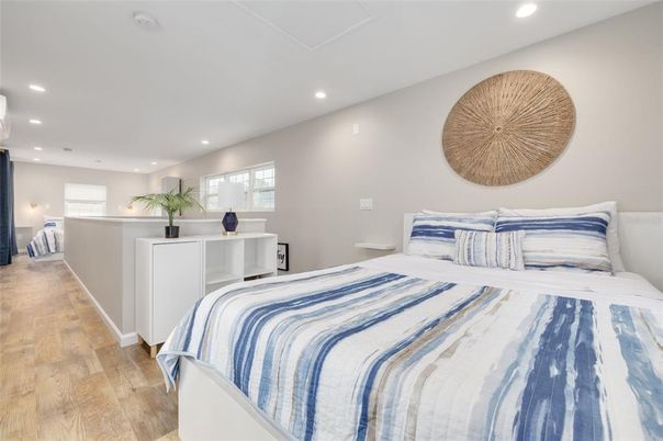 Bedroom, Interior, Recessed Lighting, Wood Texture Flooring