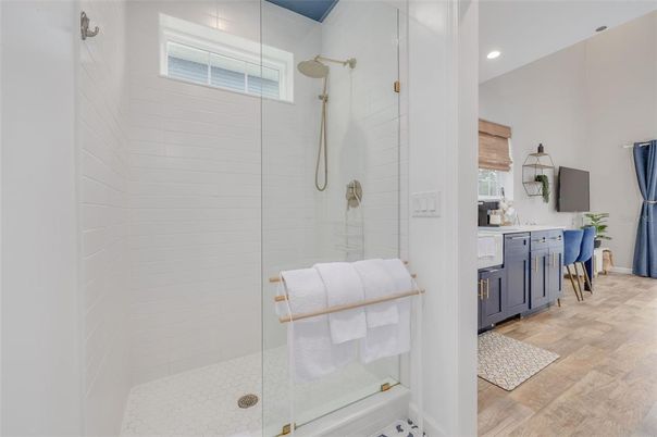 Bathroom, Glass Shower, Interior, Recessed Lighting, Wood Texture Flooring