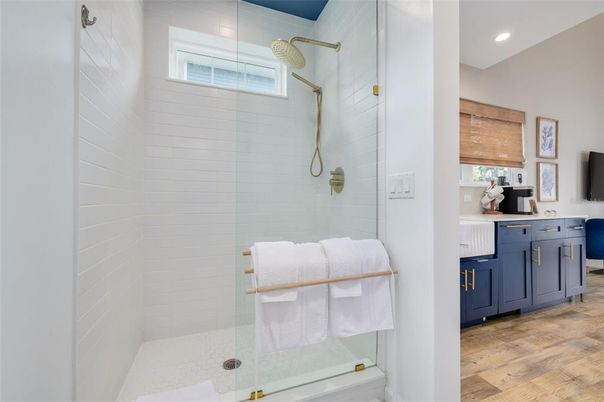 Bathroom, Glass Shower, Interior, Recessed Lighting, Wood Texture Flooring