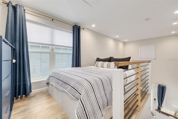 Bedroom, Interior, Recessed Lighting, Wood Texture Flooring