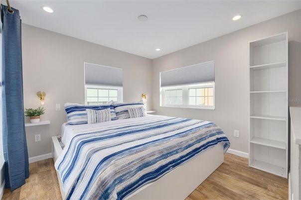 Bedroom, Interior, Recessed Lighting, Wood Texture Flooring