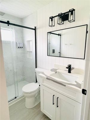 Bathroom, Glass Shower, Interior, Wood Texture Flooring